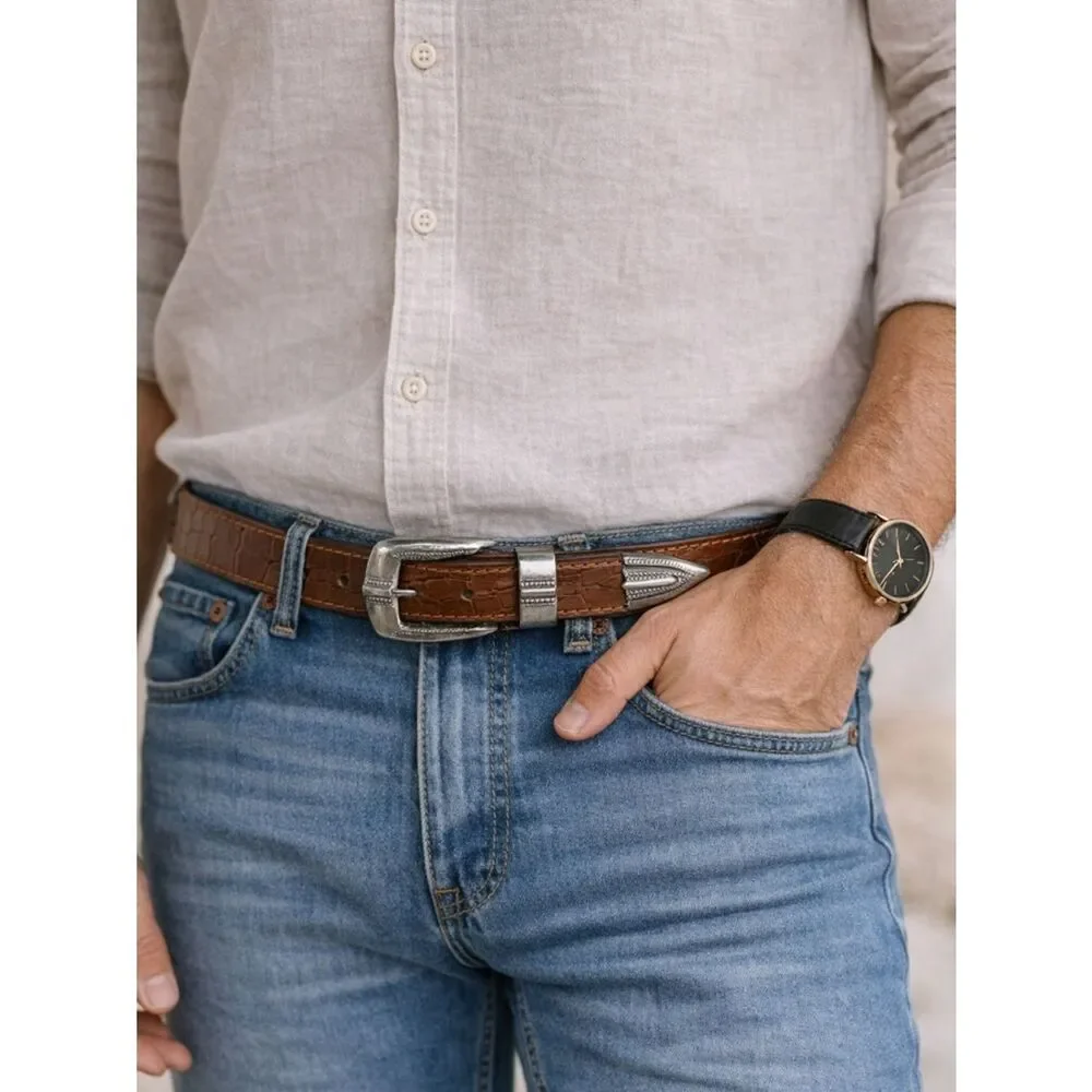 American Golfer Designer Genuine Leather Croc Embossed Belt Silver Buckle 34/36